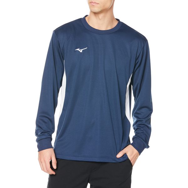 Mizuno 32MAA195 Men's Training Wear, Long Sleeve T-Shirt, Navi Dry, Switchable, U-Neck, Sweat Absorbent, Quick Drying, Inner Wear, dress navy/white