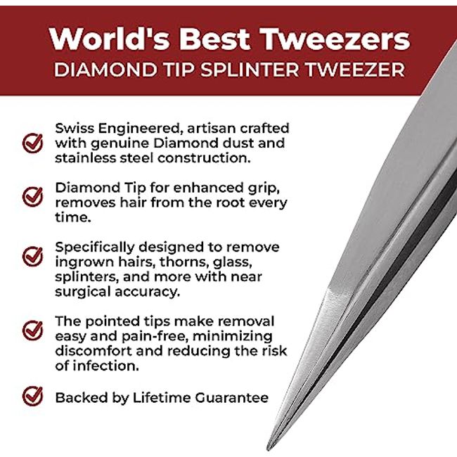 World's Best Tweezers Diamond Tip Splinter Tweezers - Diamond Coated  Professional Precision Needle Nose Pointed Tweezer for Ingrown Hair  Splinter Ticks and Glass Removal - Stainless Steel