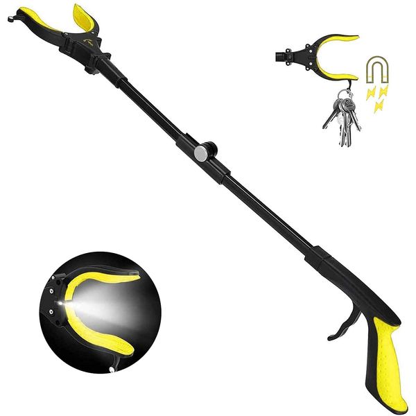 Upgraded Grabber Reacher Tool with Bright Headlight, 32" Claw Grabbers with 90°Rotating Anti-Slip Jaw, Garbage Grabber Pickup Tools Heavy Duty, Soft Rubber Handle & Magnet Hook (Yellow) 8310-Y-1