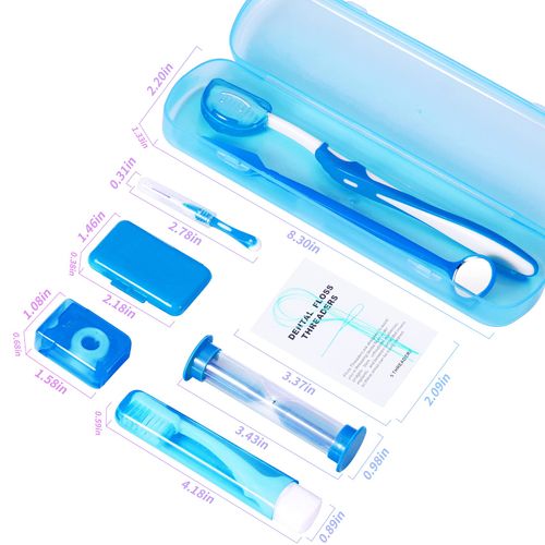 Annhua 8 Pack Orthodontic Care Kit, Braces Cleaning Kit, Orthodontic Toothbrush,Travel Toothbrush，Brush, Ortho Wax, Floss,Oral Mirror,Dental Floss Threaders, Hourglass Timer Included(Blue)