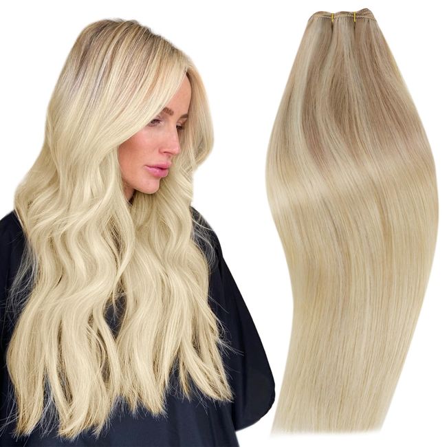 Echthaar Tressen Balayage Aschblond mit Mittelblond und Platinblond Tressen Echthaar Extensions Ombre Weft Tressen Extensions 40cm 16 Zoll 100g #18/22/60