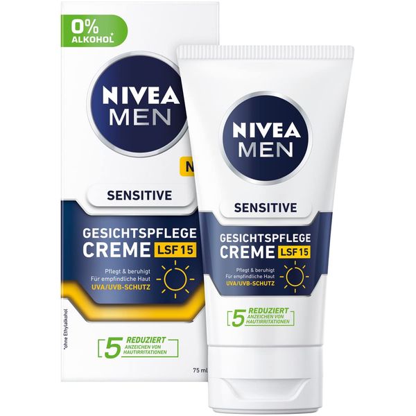 NIVEA Men Feuchtigkeitscreme, Gesichtscreme für Männer mit Kamille, Gesichtspflege für empfindliche Haut, Männer Hautpflege mit LSF 15, Sensitive Hautcreme (75 ml)