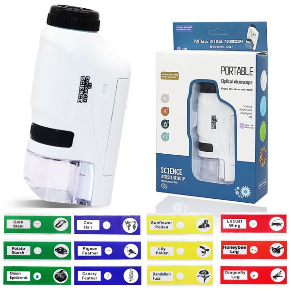 Kids Portable Microscope Set, Mini Pocket Microscope, 60x-120x Handheld Microscope with 12 Microscope Specimens, Pocket Handheld Microscope, for Children's Learning, Educational Toys
