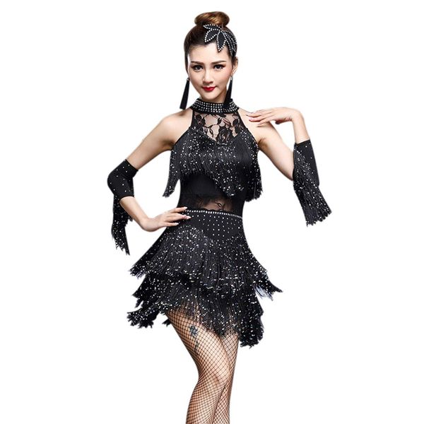 ZX Women's Rhinestone Tassel Flapper Latin Rumba Dance Dress 4 Pieces Outfits, Black, Large