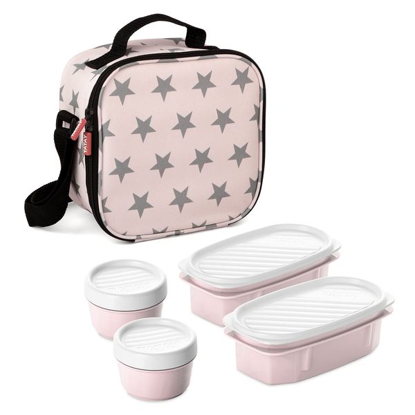 Tatay Urban Food Casual - Insulated Lunch Bag, 3L Capacity, 4 Plastic Food Storage Containers (2 x 0.5 L, 2 x 0.2 L) BPA Free, Pink with stars. Measure 22.5 x 10 x 22cm