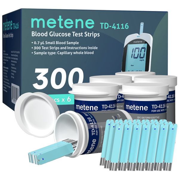 Metene TD-4116 Blood Glucose Test Strips, 300 Count Test Strips for Diabetes, Use with metene TD-4116 Blood Glucose Monitor Only(No Monitor)