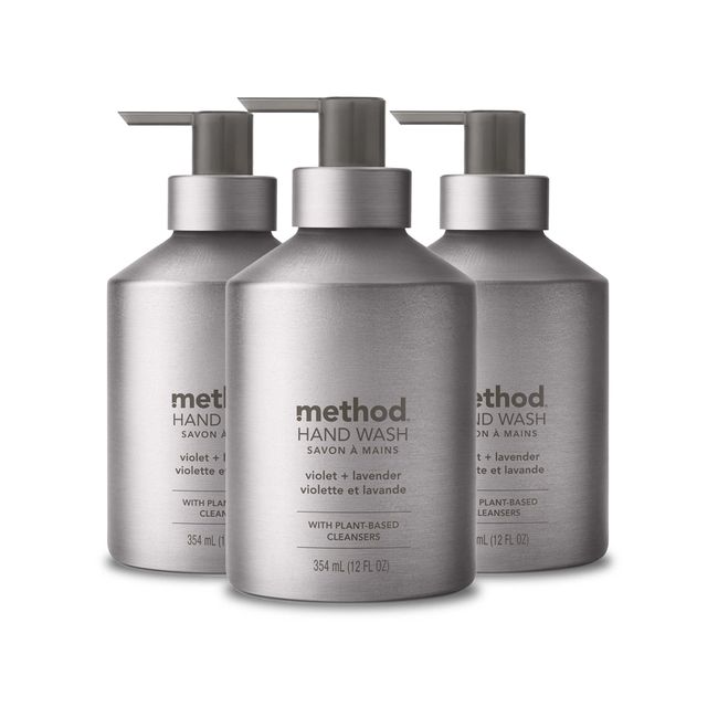 Method Gel Hand Soap, Violet + Lavender, Reusable Silver Aluminum Bottle, Biodegradable Formula, 12 oz (Pack of 3)