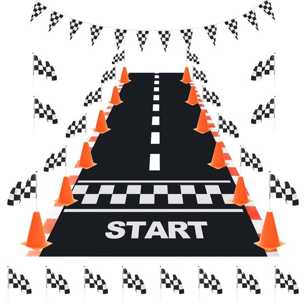 Anglekai 12+24 Traffic Cones and Racing Checkered Flags, 24 Checkered Flags with Sticks/ 12 Racing Traffic Cones/ 9.8Ft Checkered Triangle Flags/ 6.9Ft Racetrack Floor Running Mat for Race Car Party (Orange)