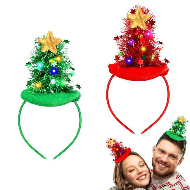 EBOOT 2 Pcs Christmas Light up Tree Headband Christmas Headbands with LED for Women Christmas Tree Glow Hat for Christmas Supplies and Holiday Parties Favors