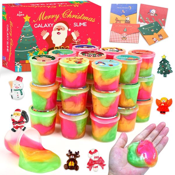 25 Pack Christmas Slime Party Favors for Kids, Galaxy Slime Bulk DIY Stress Relief Putty Toy with a Beautiful Card and Fun Slime Charms, Christmas Birthday Goodie Bag Stuffer Slime Kit for Girls Boys