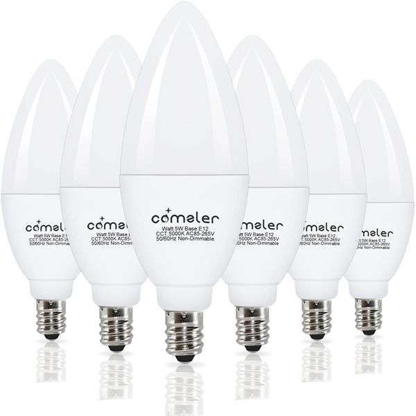 comzler E12 Ceiling Fan Light Bulbs, LED Candelabra Bulbs, 5 Watt (60 Watt Equivalent), Daylight 5000K LED Chandelier Light Bulbs, Candle Bulb Small Base for Chandelier, Non-Dimmable (6 Pack)