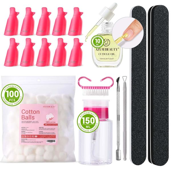 AZUREBEAUTY Nail Polish Gel Remover Tools Kit with 10 ml Cuticle Oil 10 PCS Nail Clips 150ml Remover Bottle Nail Remover Cotton Balls Cuticle Pusher Peeler Brush Nail File Buffer Comprehensive Tools