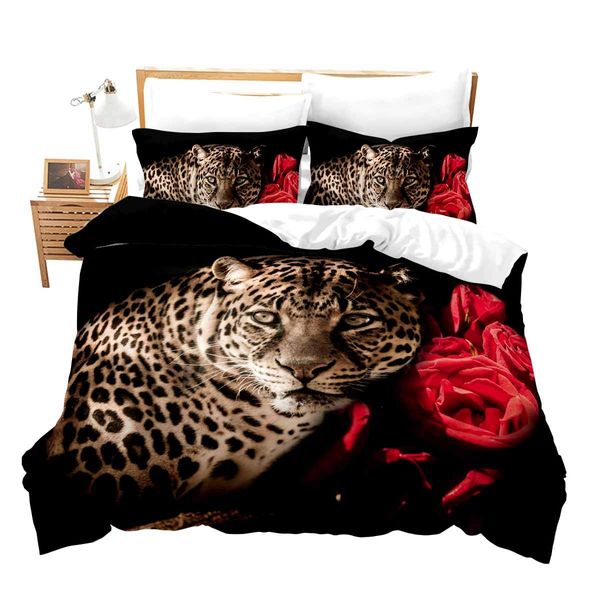 Feelyou Leopard Duvet Cover Set Queen Size 3D Animal Print Bedding Set Wildlife Comforter Cover Gorgeous Red Rose Floral Bedspread Cover with 2 Pillow Shams Microfiber Quilt Cover Breathable