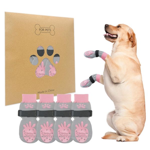 Dog Socks, Set of 2 Paws, Cat Paws Protection, Anti-slip Socks, Dog Shoes, Soft, Pet Socks, Fall Prevention, Indoor Use, Difficult to Fall Out, Cute, Stylish, S/M, ML Size (S, Pink & Gray)