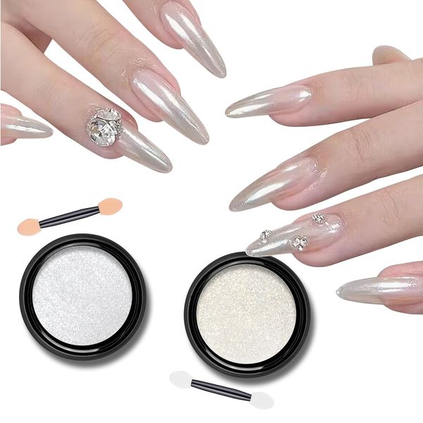 Pearl Chrome Nail Powder - 2Pcs Transparent Ice Aurora White Chrome Nails Powder,High Gloss Pearlescent Iridescent Glazed Donut Chrome Powder Mirror Effect Pigment Glitter for Nail