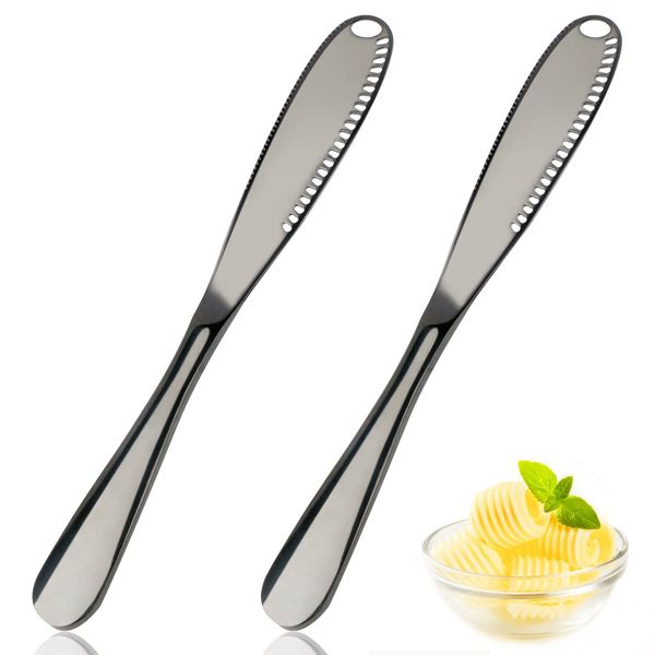 2 PCS Butter Spreader Knife, Stainless Steel Multi-Function Butter Knives, Black Curler with Holes & Serrated Edge, 3- in- 1 Kitchen Gadgets for Cold Butter, Bread, and Jams, RIEOS