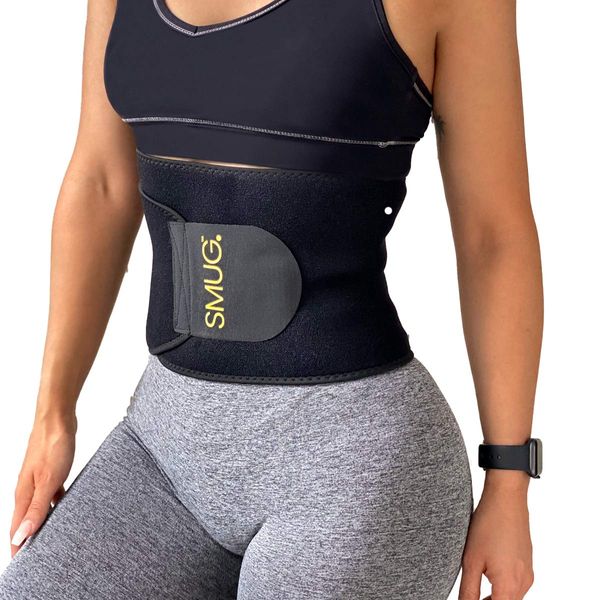 SMUG Waist Trainer for Women | Stomach Flattener & Waist Cincher | Belly Shaper | Premium Sweat Wicking Shapewear | Plus Size Corset Waist Wrap with Phone Holder | Black, Medium