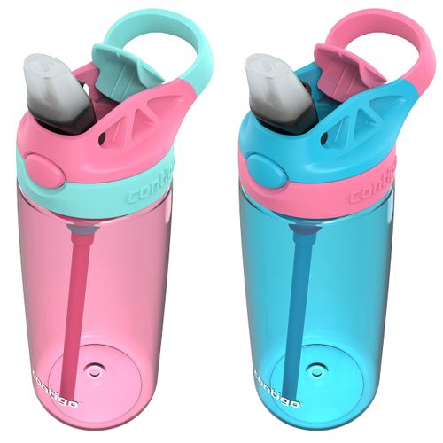 Contigo Aubrey Kids BPA-Free Water Bottle with Silicone Straw, Spill-Proof Lid, Dishwasher Safe, 20oz 2-Pack, Suitable for 3+ Years, Azalea/Jade & Blue Raspberry/Azalea