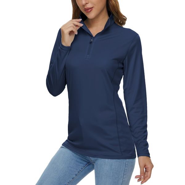 MAGCOMSEN Women's Half Zip Long Sleeve Running Shirt - UV Protection, SPF, Hiking, Workout, Navy