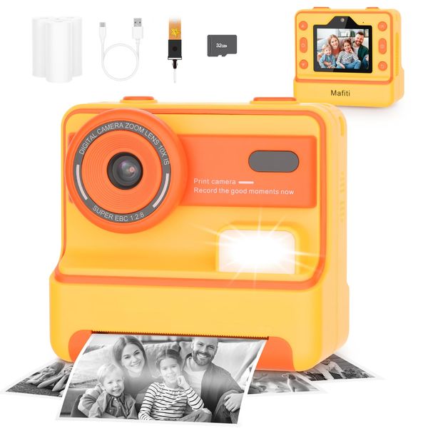 Mafiti Kids Camera Instant Print,1080P Instant Camera for Kids,Selfie Digital Camera with 2.4 Inch Display 1200 mAh Battery,3-12 yrs Girls Boys Toys Presents for Birthday/Xmas/Holiday,Orange