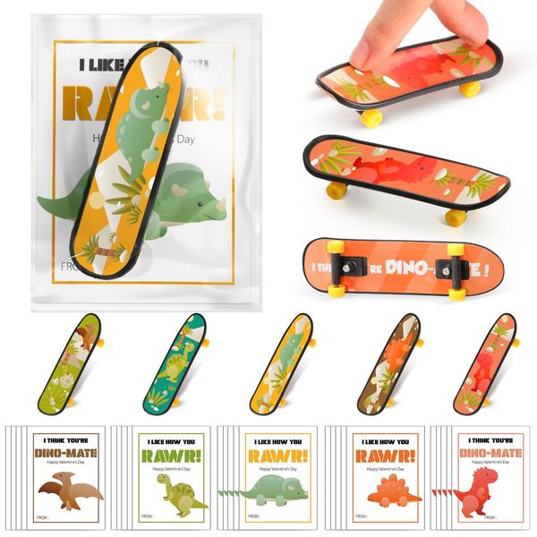 Arrowbash 30 Sets Finger Skateboards Gifts Bulk for Kids 30 Pcs Dinosaur Fingerboard Back to School Party Favor Mini Finger Boards Fingerboards with Bags for School Classroom Student Party Supplies