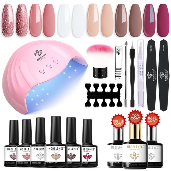 Modelones 6 Colors Gel Nail Polish Kit Starter with U V Light 48W LED Nail Dryer Lamp/Mirror and Matt Top& Base Coat/Essential Manicure Tools Nail Art Starter Kit Nude Color