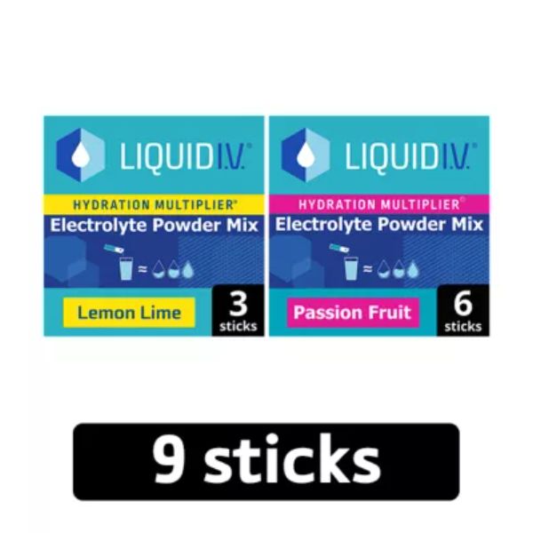 Liquid I.V. Hydration Multiplier Electrolyte Powder Mix Lemon Lime + Passionfruit Bundle, 9 sachets