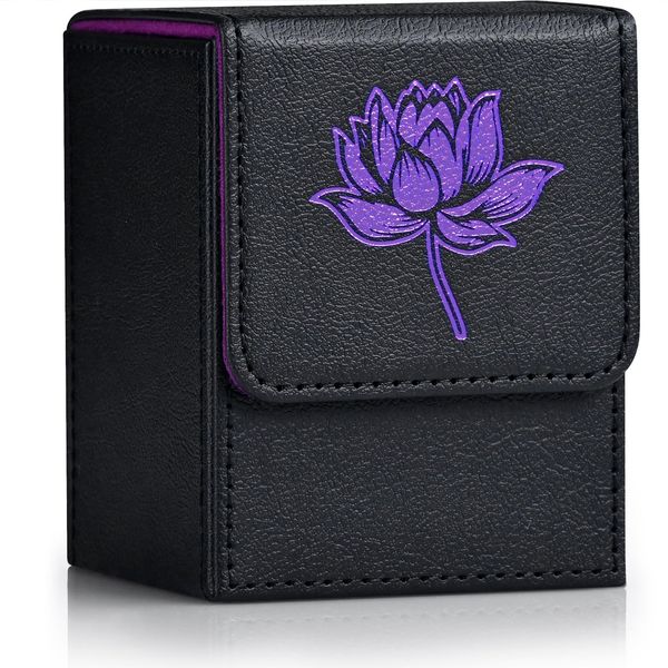 ZLCA Card Deck Box for MTG Cards with 2 Dividers, Card Storage Box Fits 100+ Single Sleeved Cards, PU Leather TCG Card Deck Case Holder for Magic Commander Yugioh (Black&Purple,Lotus)