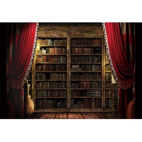 Ancient Library with Red Curtain Background 7x5ft Classical Study Bookshelf Wizard Magic Bookshelf Backdrop for Halloween Party Teacher Student Adults Portrait Photoshoot Studio Props Vinyl