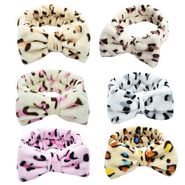 Makeup Stirnband Gesichtshaarband Schleife Knoten Spa Stirnband Koralle Fleece Kosmetikstirnband für Gesichtswäsche Hautpflege und Sport (6BowLeopard)