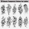 Acevegue Flowers Temporary Tattoos, Realistic Half Arm Fake Tattoo Sleeves for Women Adults, Black Semi Permanent Stick on Tattoos Stickers Transfer Paper for Makeup Accessories Decorations-10 Sheets