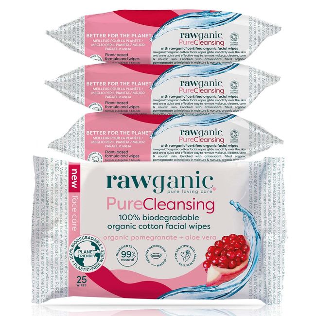 RAWGANIC Pure Cleansing Anti-aging Facial Wipes with Pomegranate and Aloe Vera | Gentle Hydrating Biodegradable Makeup Removal Wipes | Organic Cotton Face Wipes | 4 Packs (100 wipes in total)