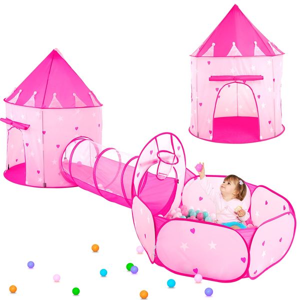 PigPigPen 3pc Kids Play Tent for Girls with Ball Pit, Crawl Tunnel, Princess Tents for Toddlers, Baby Space World Playhouse Toys, Boys Indoor& Outdoor Play House, Perfect Kid’s Gifts