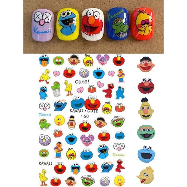 Sesame Street Nail Art Sticker Decal Cute Cartoon Nail Art Sticker Sesame Street Self Adhesive Nail Art Stickers 2 Styles (2 Pcs) + 3D Sesame Street Cartoon Nail Art DIY Ornaments (6 Pcs)