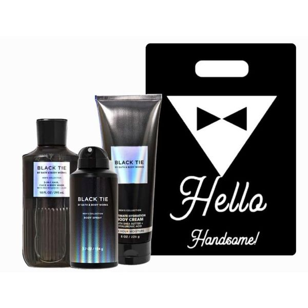 Black Tie - White Barn - Bath/Body Work - Gift Set 3 Piece Bundle - with Gift Bag Hello Handsome