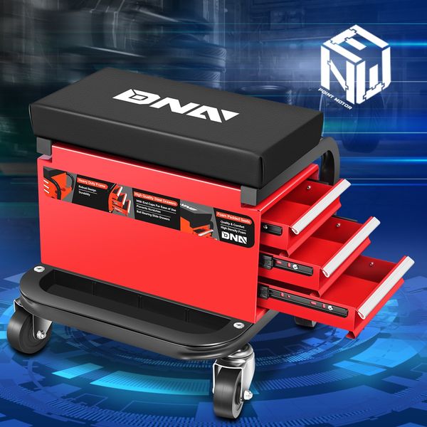 3 Drawer Padded Rolling Mechanic Tool Box Storage Stool Creeper Seat w/ Trays