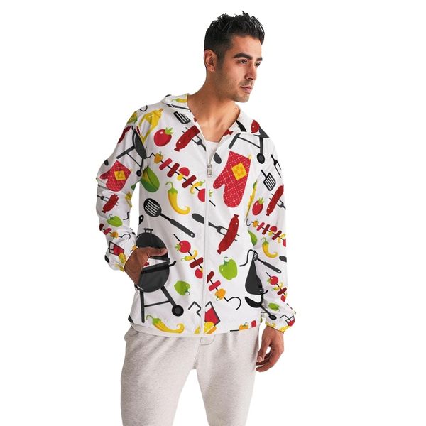 Mens Lightweight Windbreaker Jacket with Hood and Zipper Closure,- Bbq Illustration - S / White