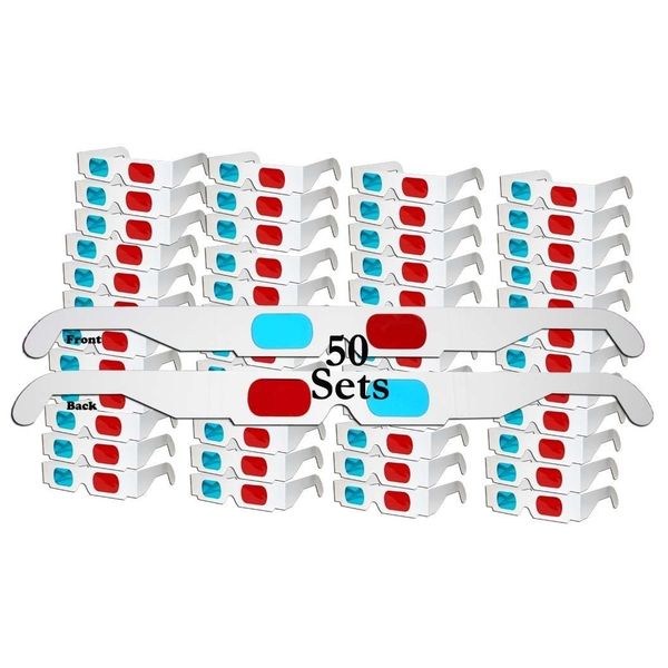 ZiYan- 50 Pairs - Flat- 3D Glasses Red and Cyan White Frame Anaglyph Cardboard