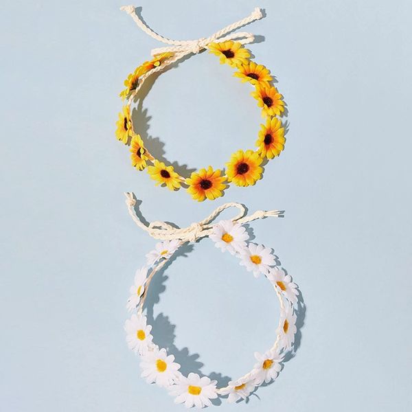 2Pcs White and Yellow Daisy Flower Headband Crown Boho Flower Headband Floral Hair Wreath Boho Headpiece for Bridal Women Girls Hippie Wedding Party Beach Festival