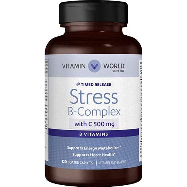 Vitamin World Stress B-Complex with 500 mg. Vitamin C Timed Release 120 Caplets, Vegetarian, Coated, Timed-Release