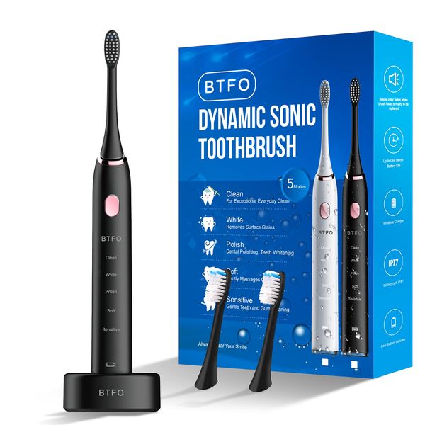 BTFO Sonic Electric Toothbrush with 5 Modes, 2pcs Replacement Brush Heads USB Rechargeable Smart Electronic Toothbrush with Holder for Adults IPX7 Waterproof Timing Fast Charging (Black, 1741-01)