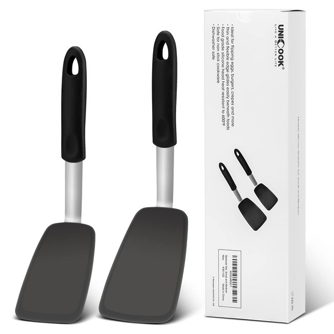 Unicook Flexible Silicone Spatula Turner 2 Pack, 600°F Heat Resistant Spatula for Nonstick Cookware, Essential Kitchen Cooking Utensil for Flipping Eggs, Burgers, Crepes and More, Small and Medium