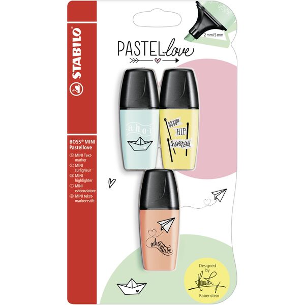 Highlighter - STABILO BOSS MINI Pastellove - Pack of 3 - turquoise, yellow, peach