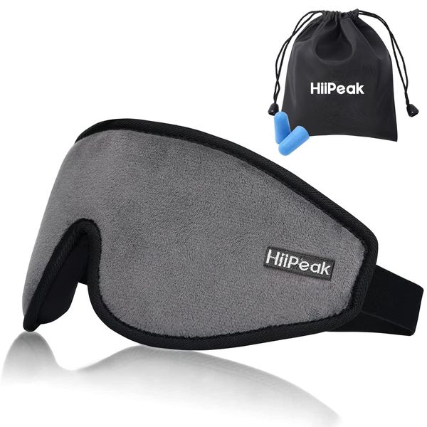 HiiPeak Eye Mask for Sleep, Comfortable Sleep, 3D, Light Blocking, 99.99% Eyes, No Pressure, Silk Texture, Lightweight, Earplug Set, Memory Foam, Nap, Peaceful Sleep, Blindfold, Compact, Soft, Office, Travel, Business Trips, Storage Bag Included, Gray