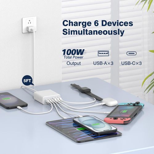 USB C Fast Charger Block, 100W 6 Ports Charging Station Hub for iPhone 16 15 14 13 Pro Max, iPad Pro Air Mini, Galaxy, for Air-pods 4, Pro 2, 25W PPS Type C Wall Charger with LED, 5ft Cord