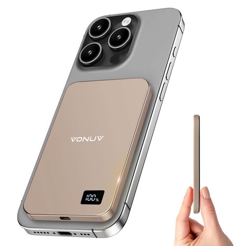 VONUV Magnetic Portable Charger 5000mAh, 15W Ultra Slim Wireless Portable Charger, Fast Charging for iPhone 16/15/14/13/12 Pro/Pro Max/Plus, Metal Shell, USB-C Cable to Charge Other Phones (Gold)