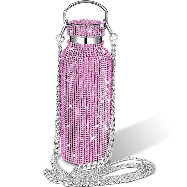 Diamond Water Bottle Bling Rhinestone Stainless Steel Thermal Bottle Refillable Water Bottle Insulated Water Bottle Glitter Water Bottle with Chain for Women Girls Gifts (Pink, Silver, 750 ml)