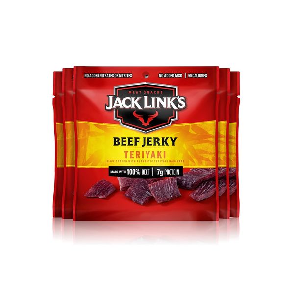 Jack Link's Beef Jerky, Teriyaki - Flavorful Meat Snack for Lunches, Ready to Eat Snacks - 7g of Protein, Made with Premium Beef - 0.625 Oz Bags (Pack of 5)