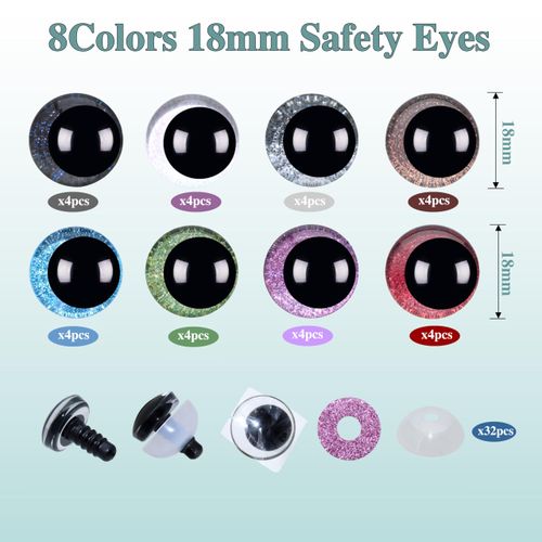 ARTCXC 64Pcs 18mm 8Colors 3D Glitter Safety Eyes and Safety Washers for Crocheting Moon Safety Eyes for Amigurumi Craft Eyes for DIY Making of Plush Animal Doll Puppet Animal.etc DIY Project