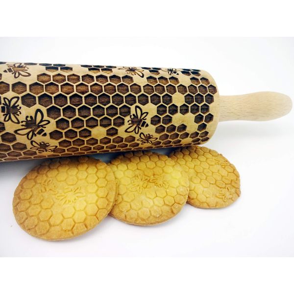HONEYCOMB Embossing Rolling Pin. Wooden Rolling Pins for Baking with Bees Pattern by Algis Crafts